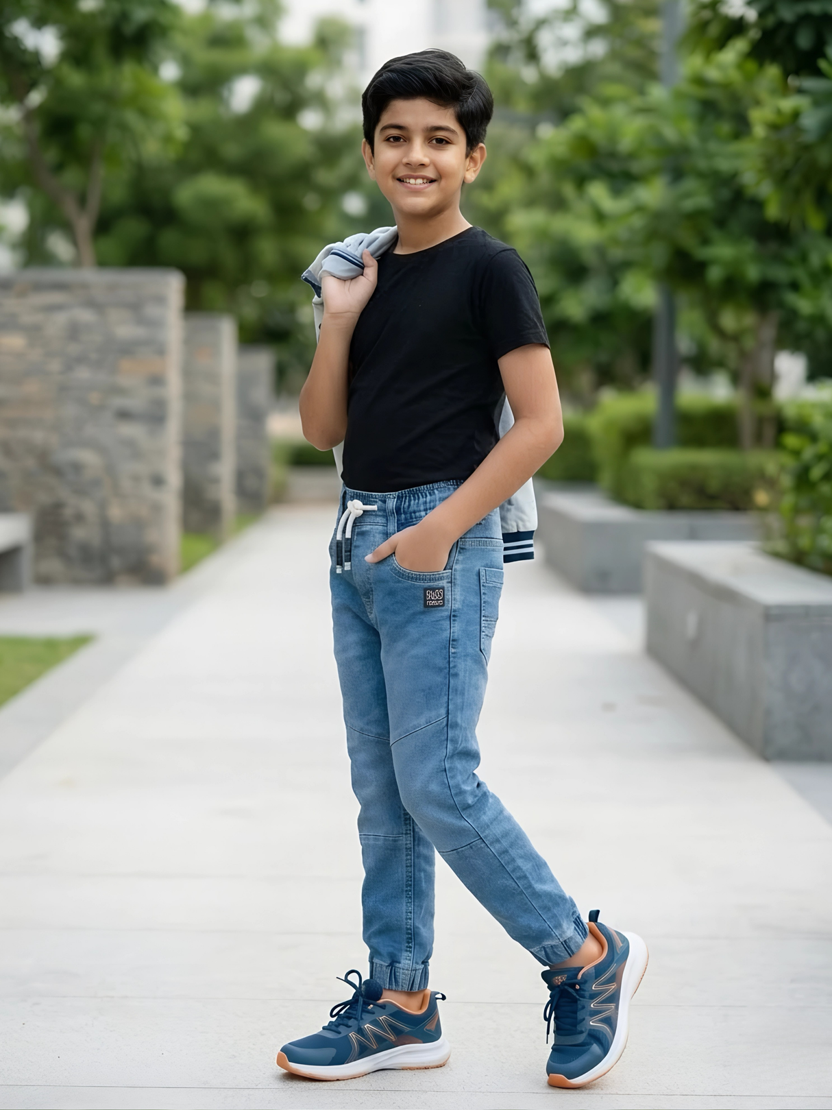 Boys' Dark Blue Melange Fleece Joggers with Neon Yellow Drawstring