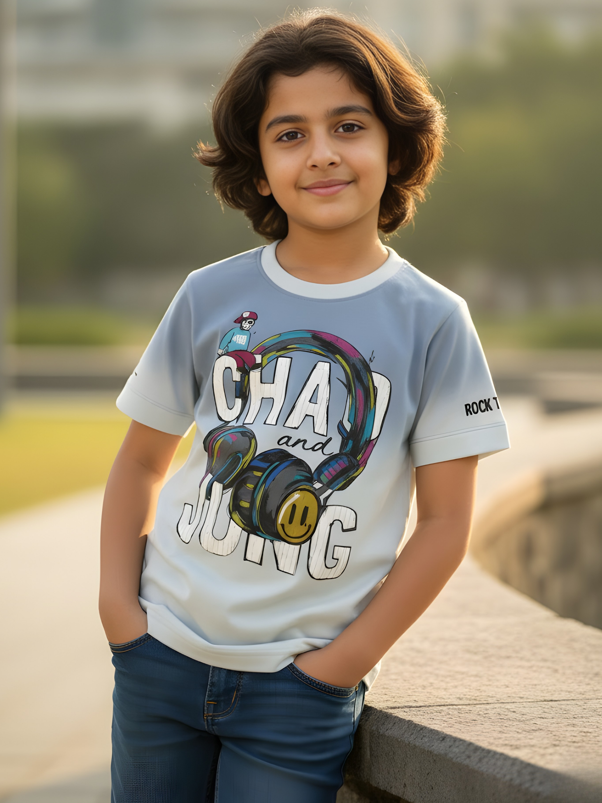 Boys'Blue Headphone Graphic Tee with Retro Street Vibe