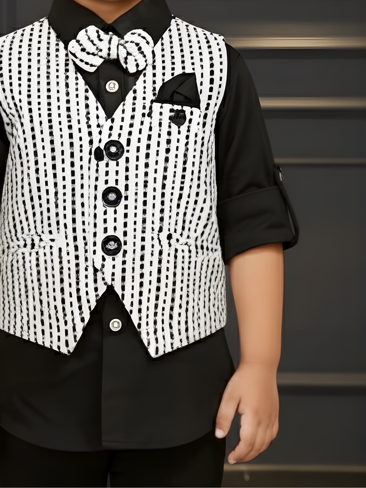 Boys' Black & White Textured Waistcoat Suit with Black Formal Shirt
