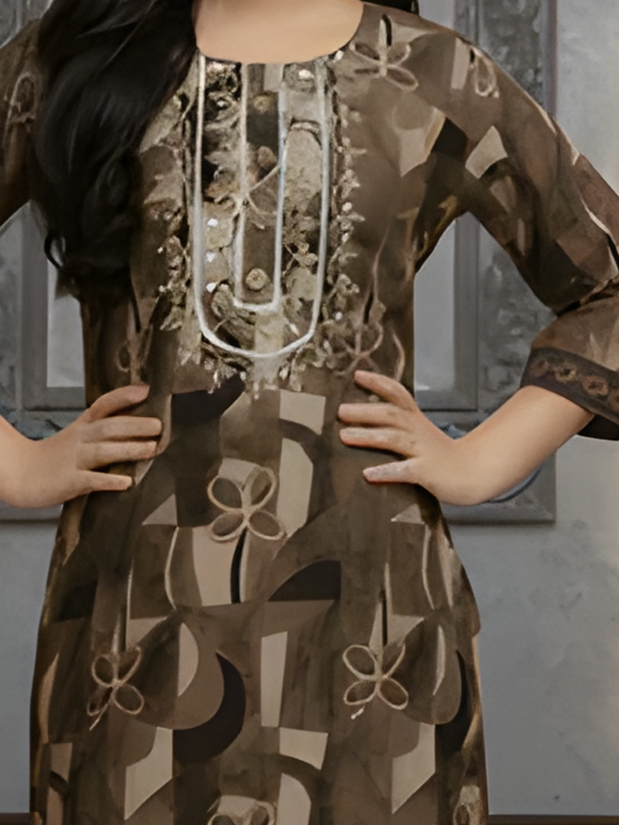 Girls' Festive Olive Green Tunic and Palazzo Set