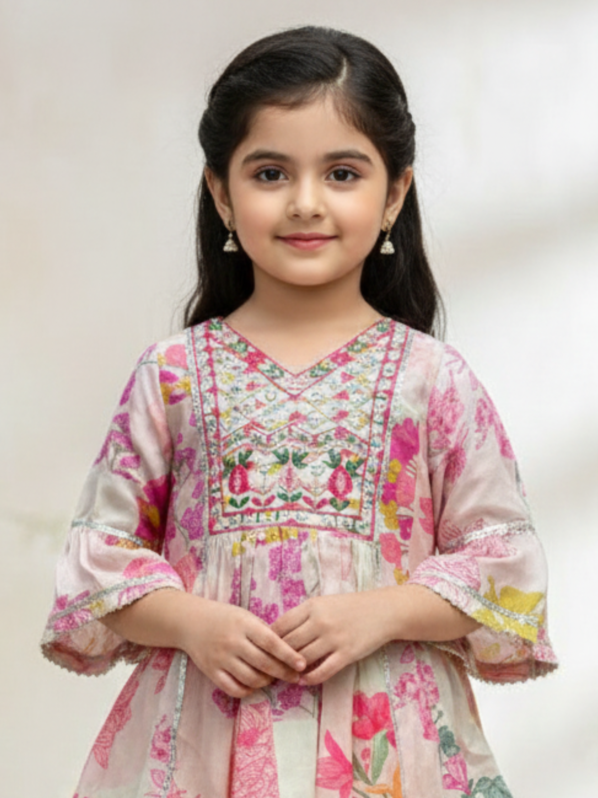 Girls Cream Printed Ethnic Suit with Embroidered Kurti & Sharara