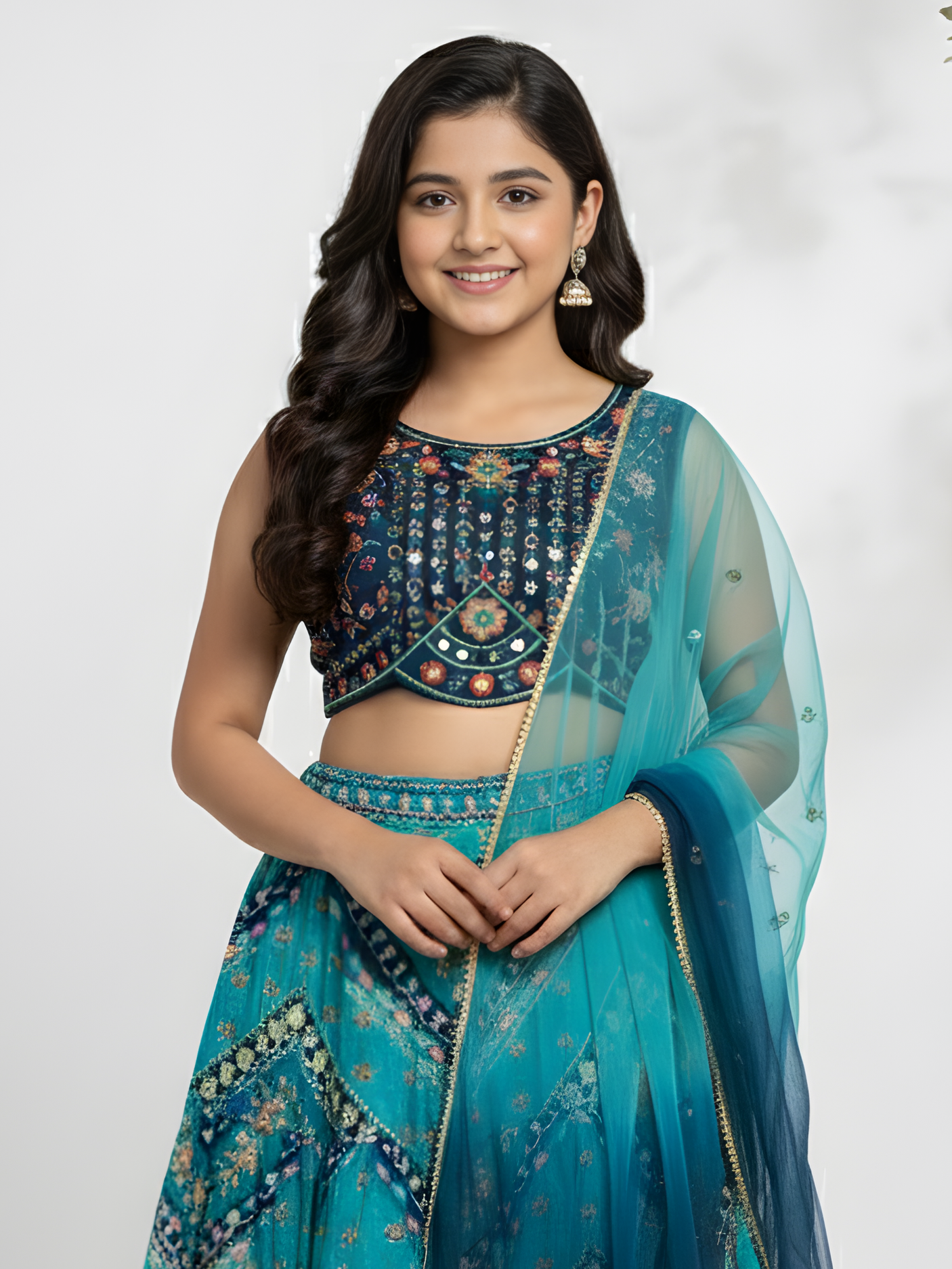 Girls' Navy Blue Embroidered Choli, Teal Print Lehenga & Ombre Dupatta Set
