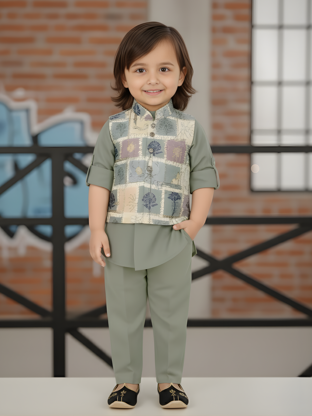 Boys' Sage Green Kurta Pajama Set with Multi-Color Patterned Waistcoat