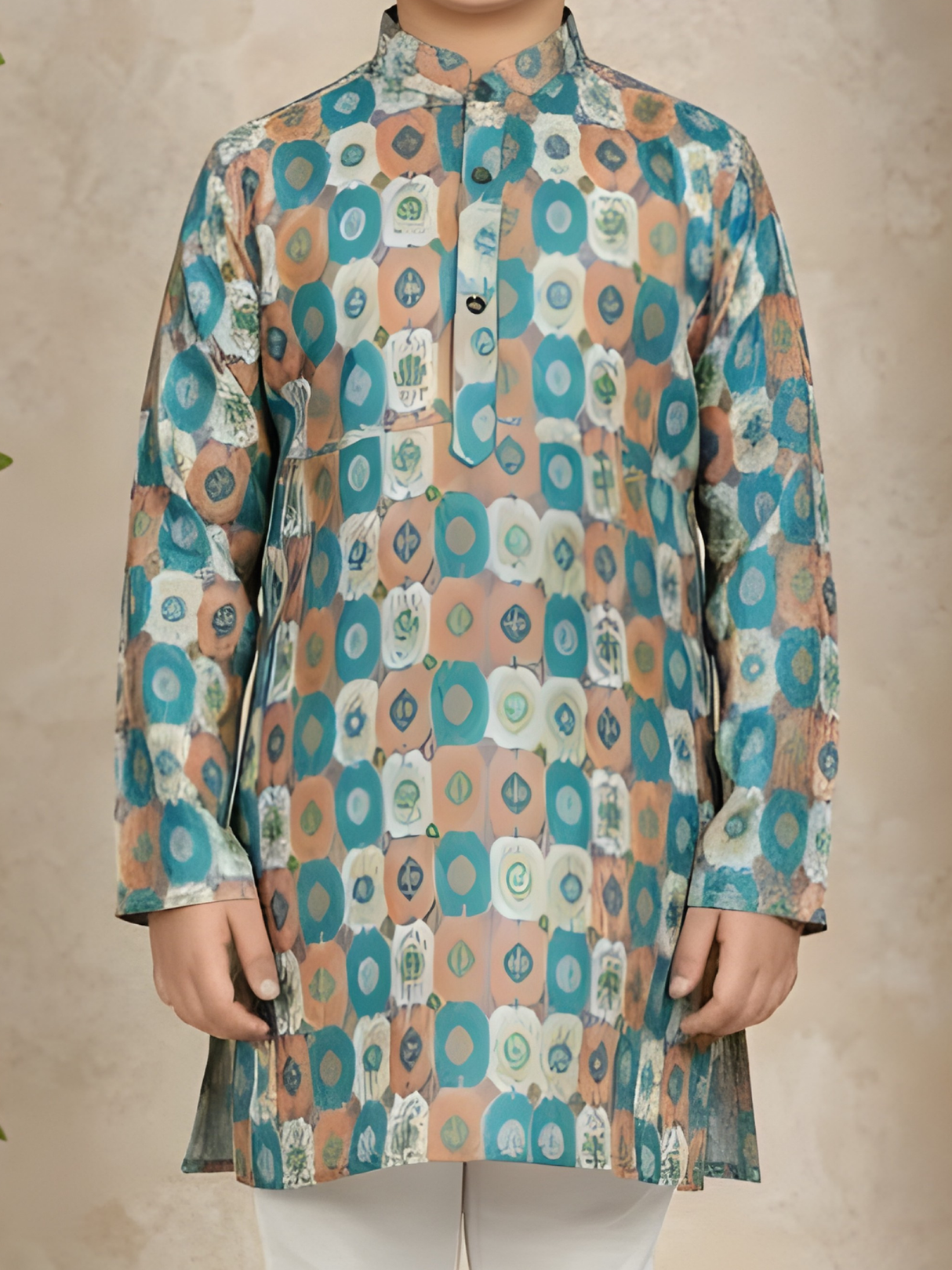 Boys' Teal & Orange Printed Kurta with Cream Pyjama Set.