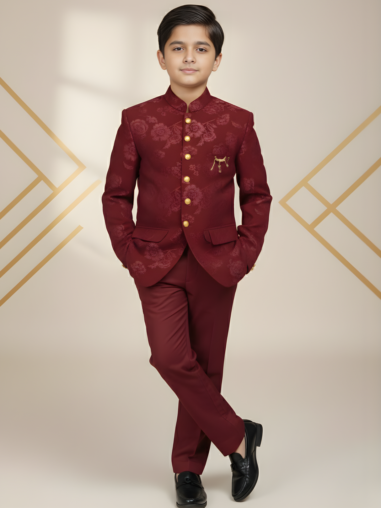 Boys' Luxurious Maroon Wine Floral Brocade Bandhgala Jodhpuri Suit with Gold Accents