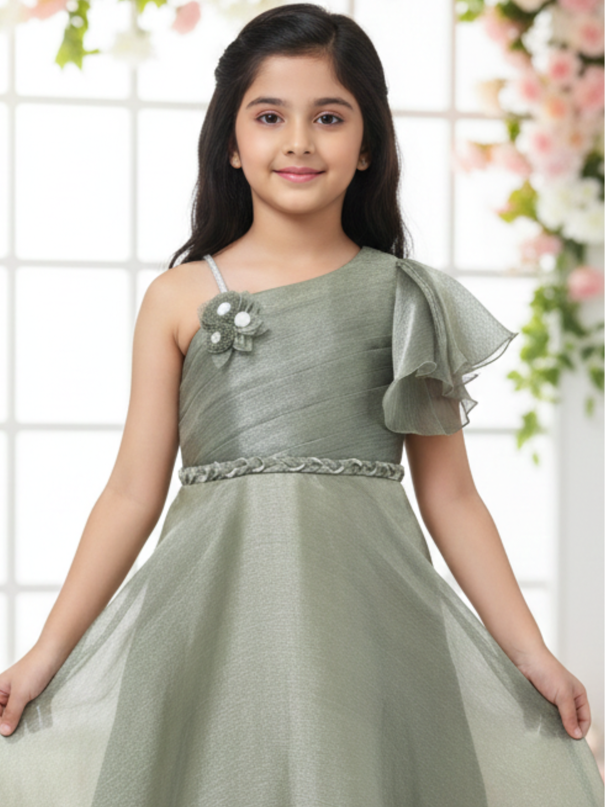 Girls Party Satin Western Gown With Work - Green