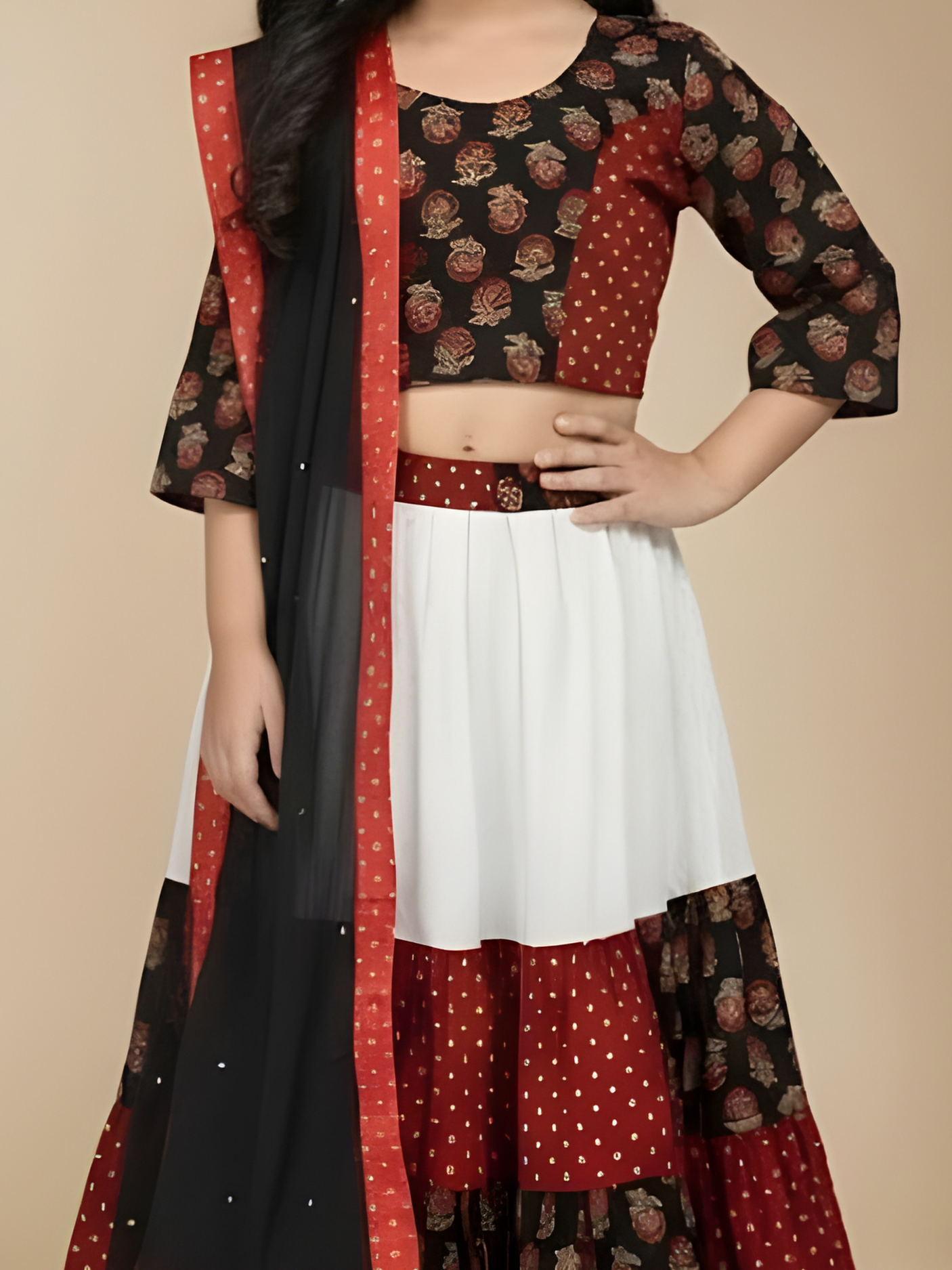 Girls' Black, Red, and White Tiered Block Print Lehenga Choli Set with Dupatta