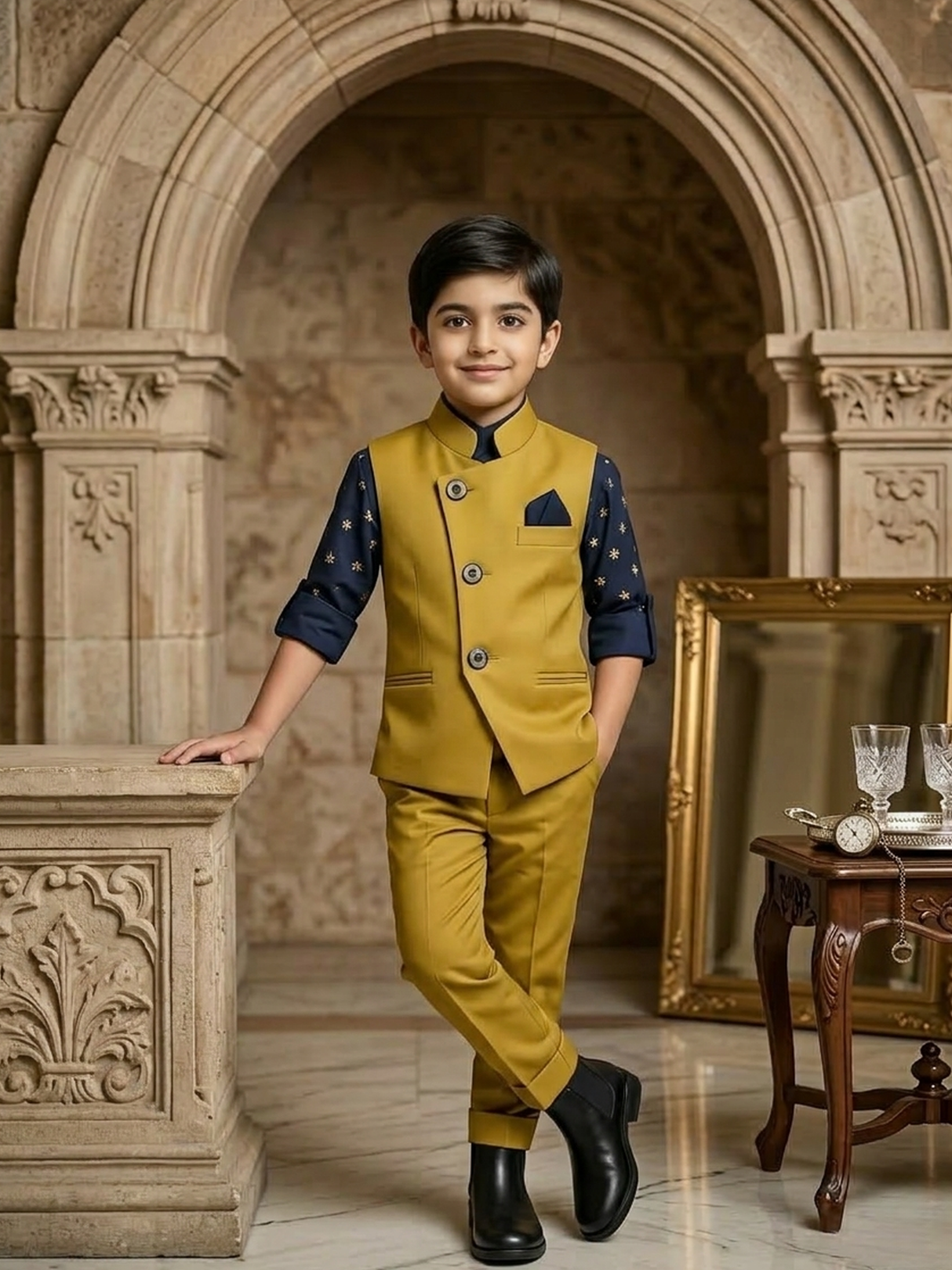 Boys' Yellow Kurta Pajama Set with Multi-Color Floral Printed Nehru Jacket