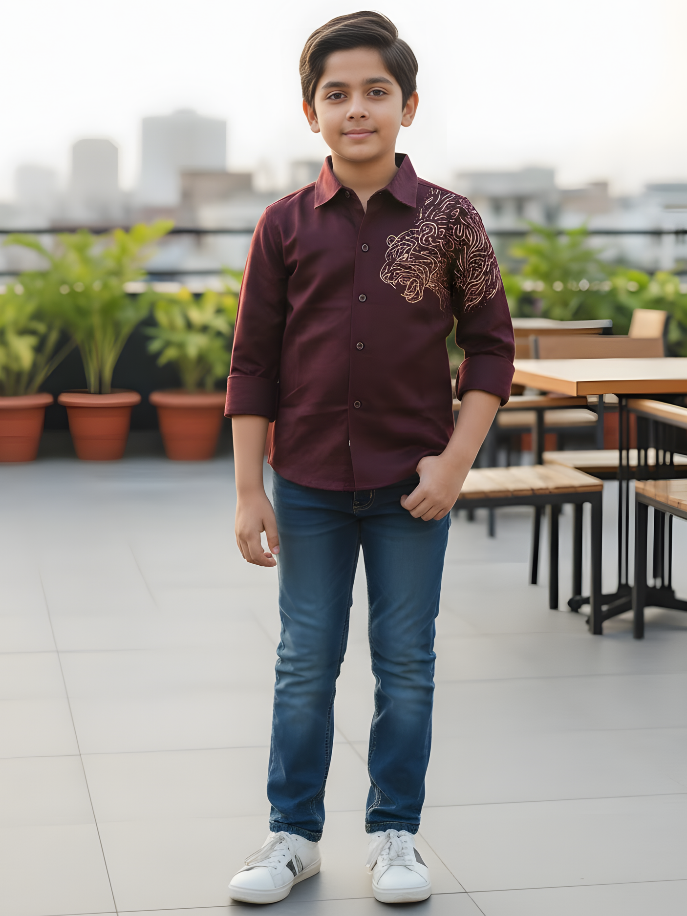 Boys Maroon Lion Art Party Wear Shirt