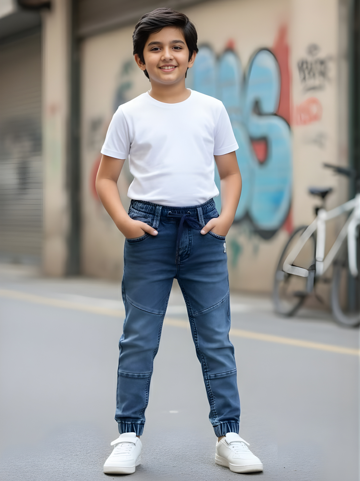 Boys' Slim-Fit Mid-Blue Denim Joggers with Elasticated Drawstring Waist