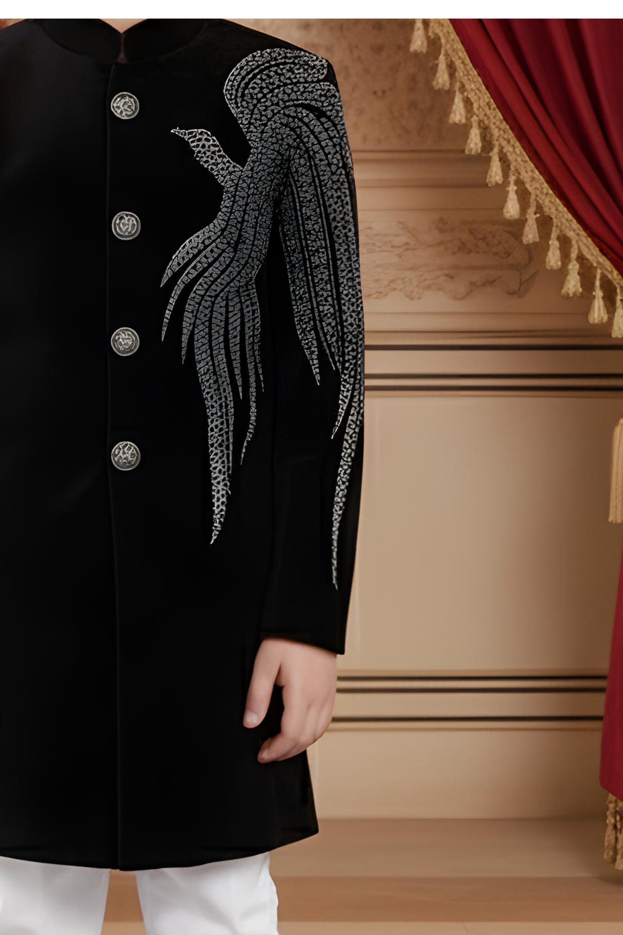 Black Velvet Achkan Suit with Silver Wing Embroidery for Boys