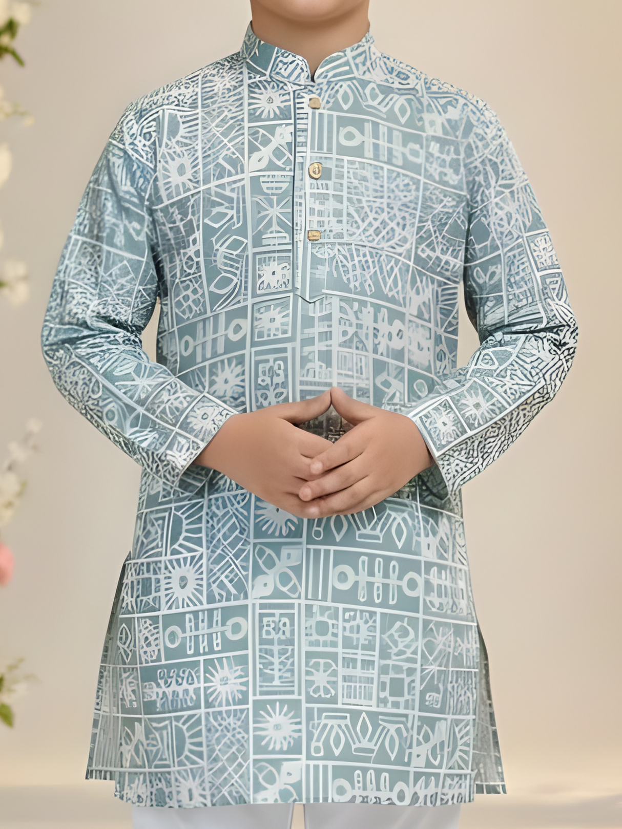 The Modern Mosaic Printed Kurta & Pajama Set (Aqua & White).