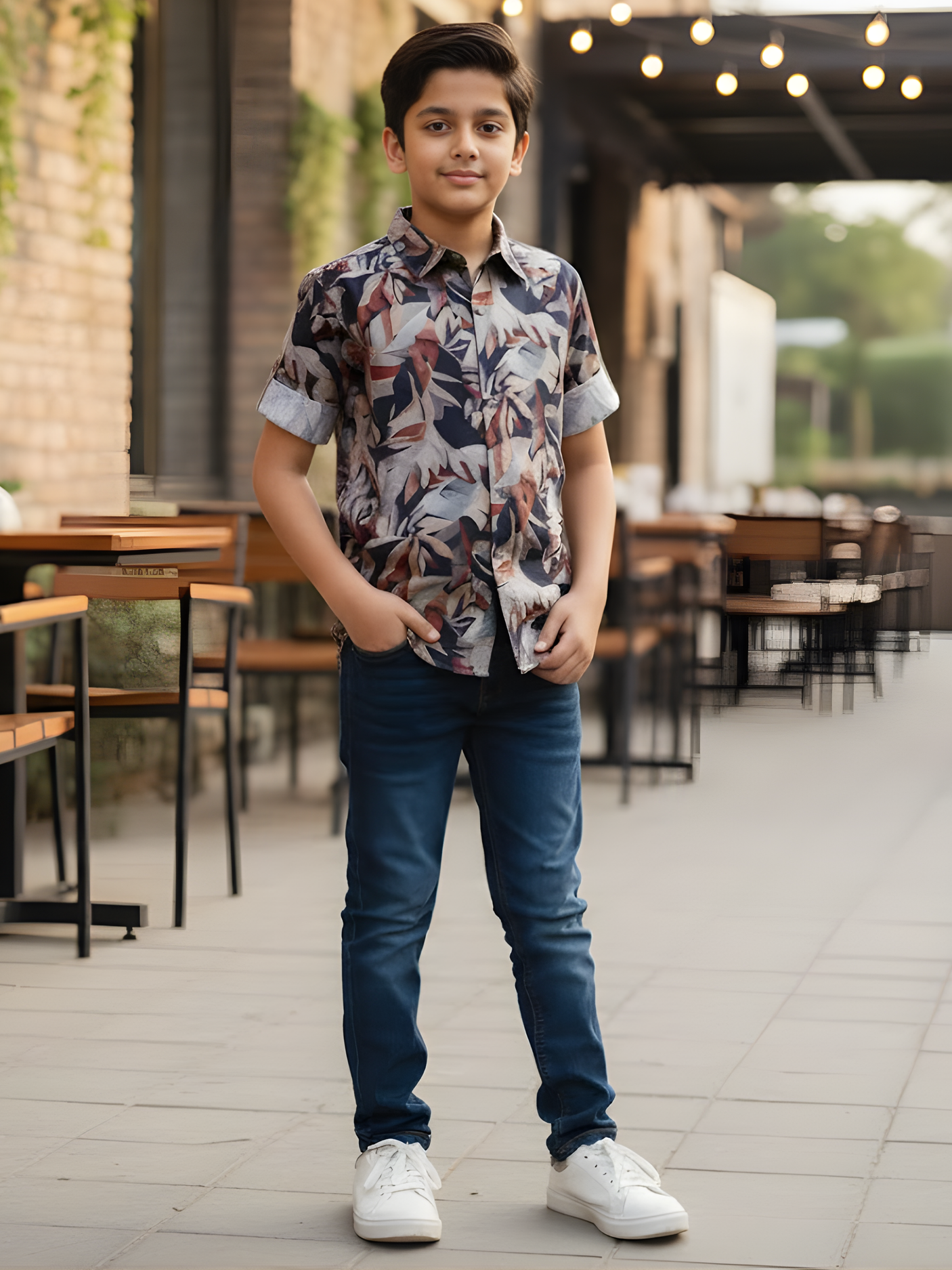 Boys Dark Brown Mosaic Leaf Print Casual Shirt