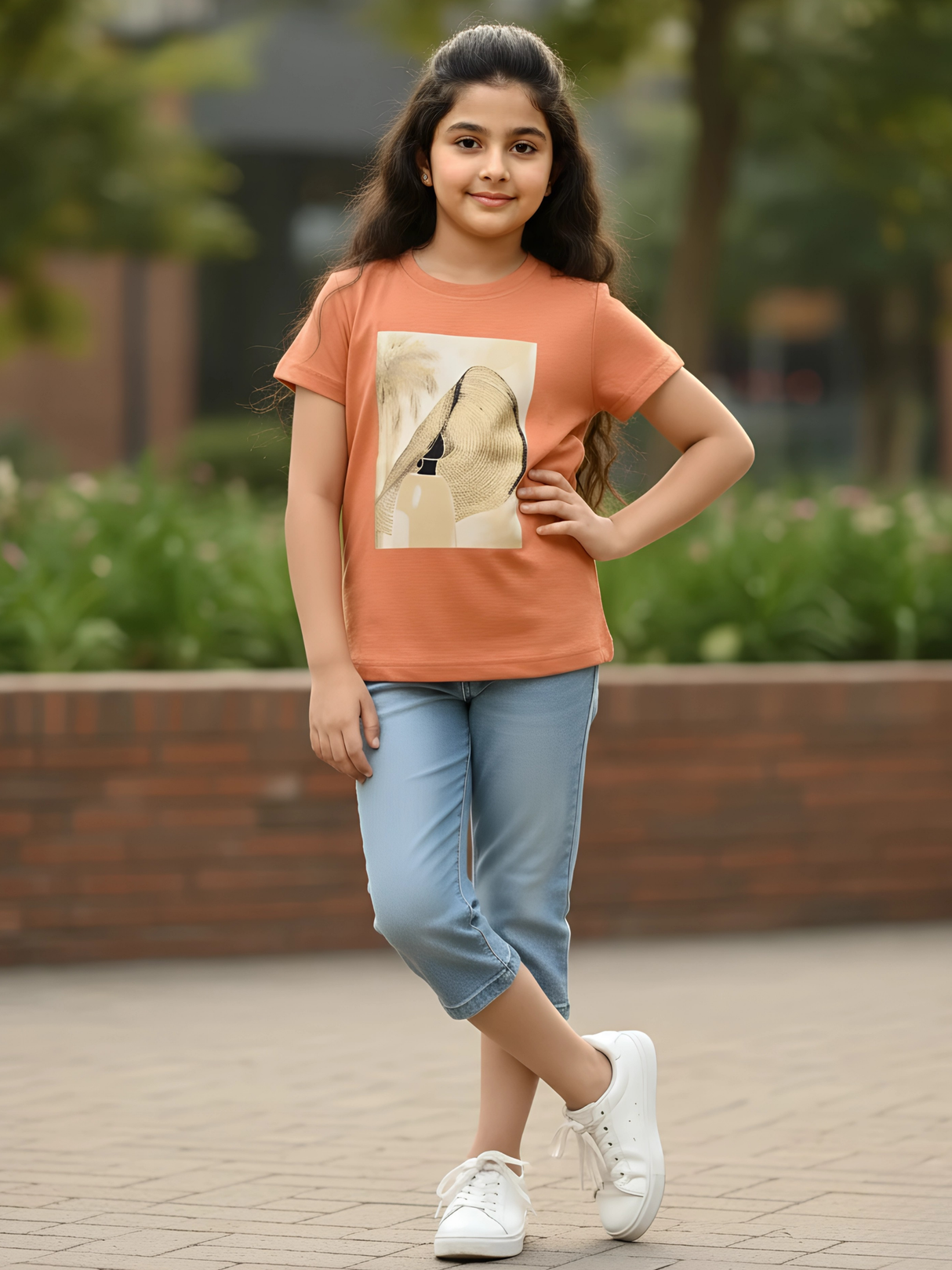 Girls' Burnt Orange Graphic Print Casual Top