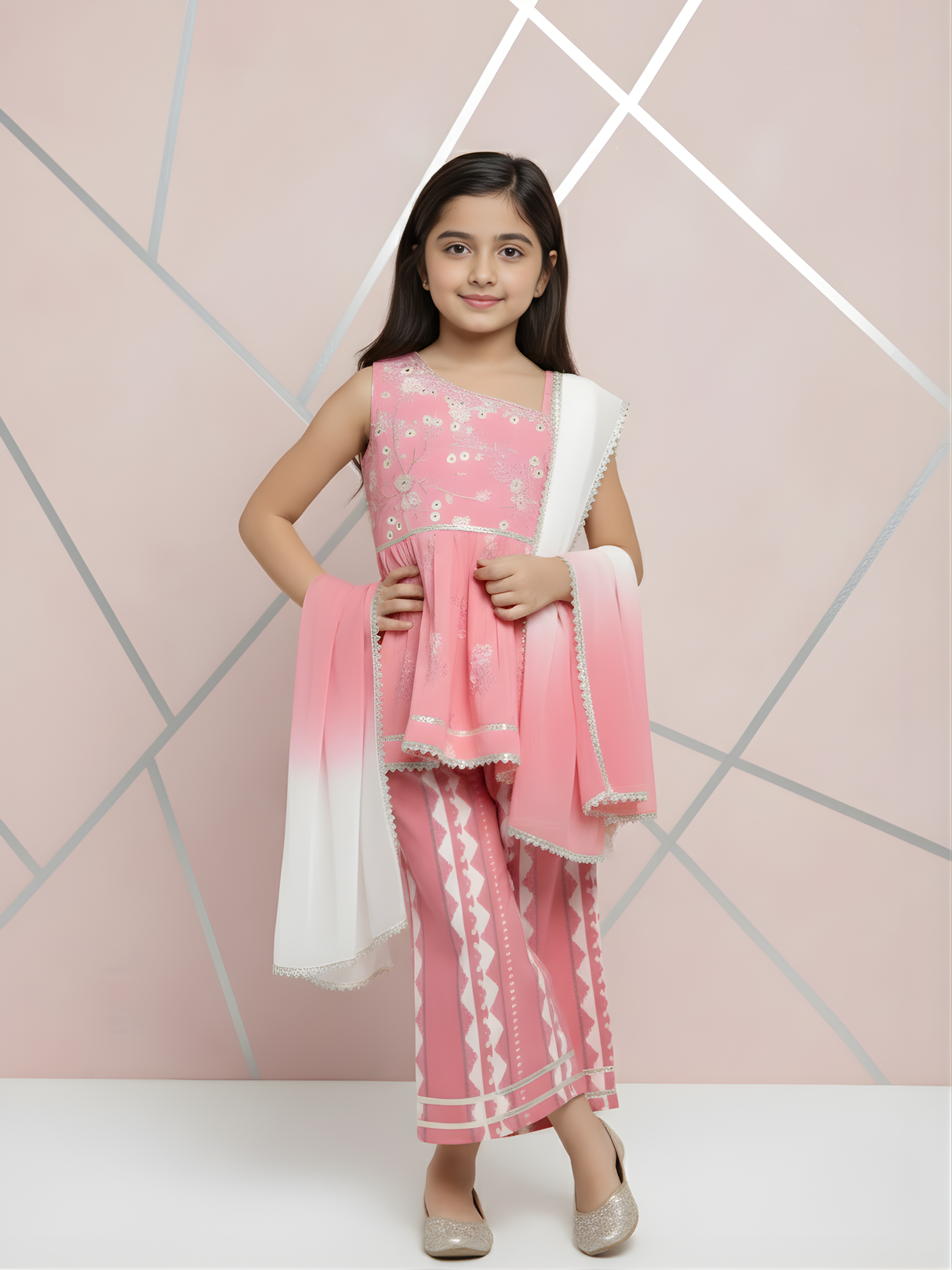 Girls' Powder Pink Embroidered Peplum Kurta & Printed Sharara Set.