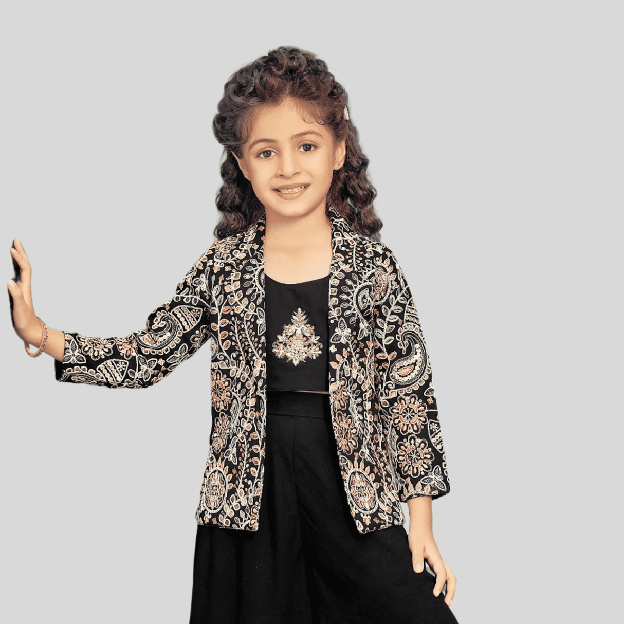 Girls Traditional 3/4th Sleeves Plazo Set - Black