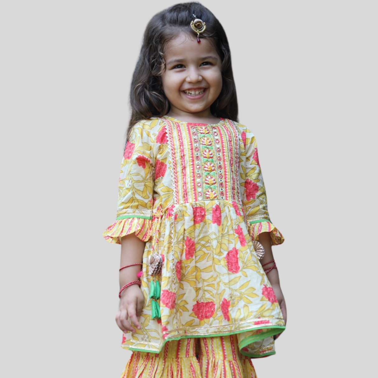 Girls Traditional 3/4th Sleeves Sharara Set - Yellow