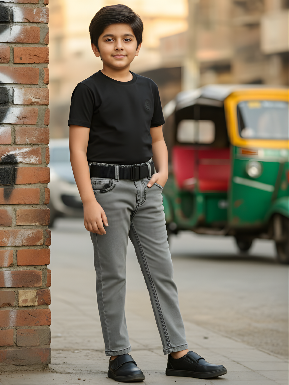 Boys' Light Grey Wash Denim Jeans with Black Utility Belt.