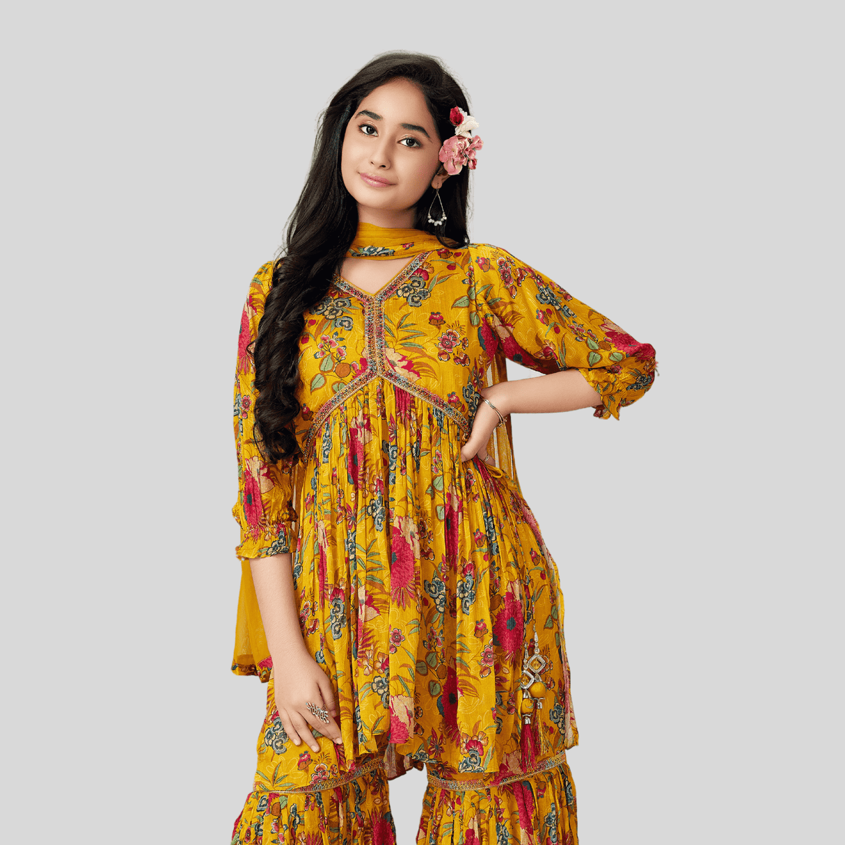 Girls Traditional 3/4th Sleeves Sharara Set - Yellow