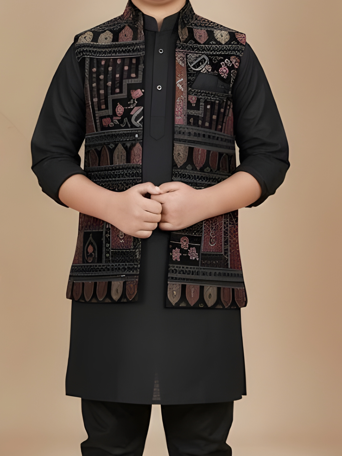 Boys Traditional Printed Chuddidar Kurta with Koti - Black