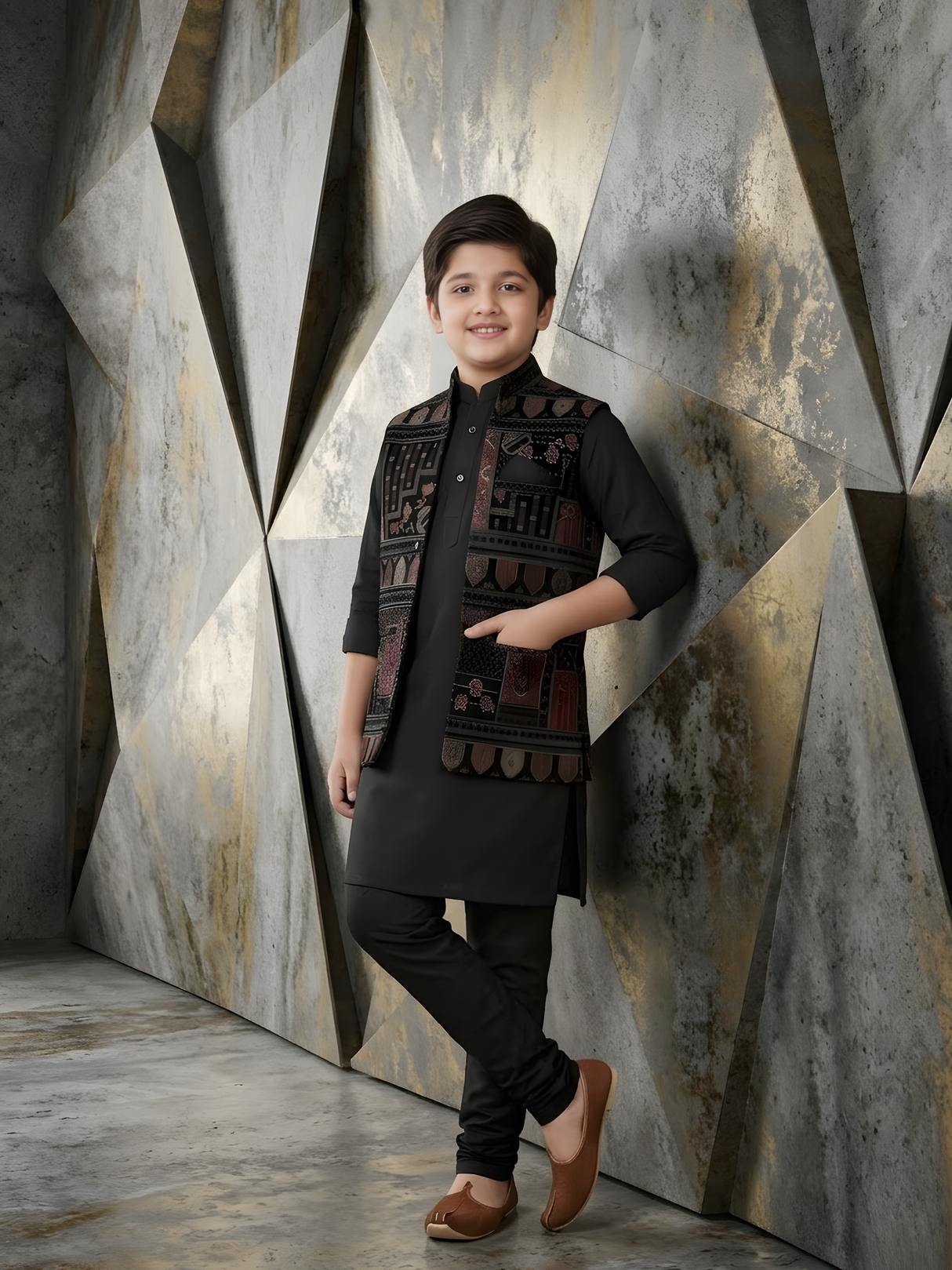Boys Traditional Printed Chuddidar Kurta with Koti - Black