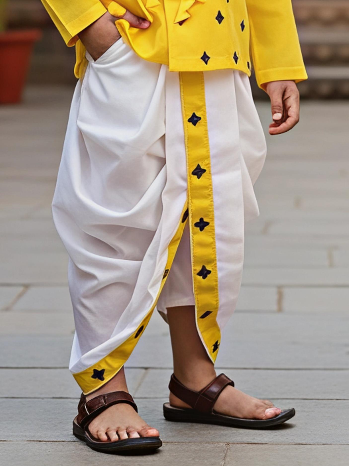 Boys Yellow Angrakha Kurta and White Dhoti Set with Peacock Feather Embroidery