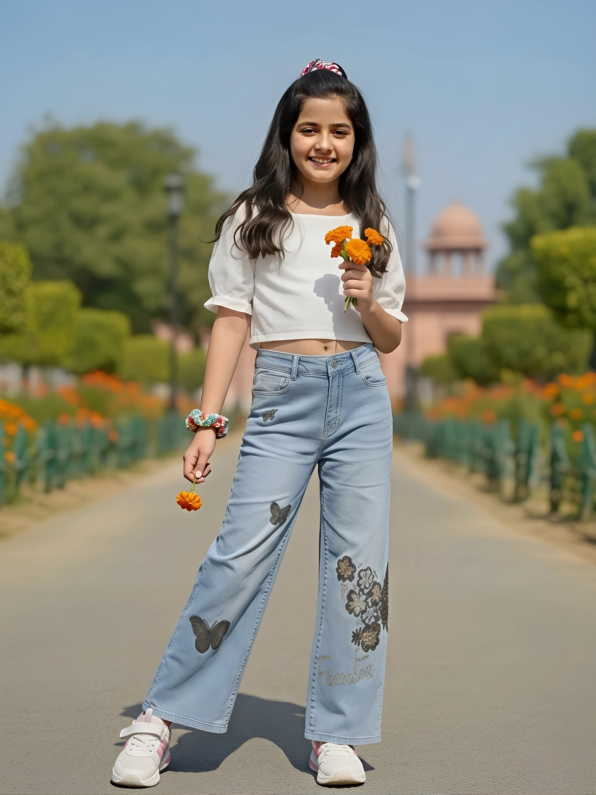 Girls' Light Blue Butterfly & Floral Print Wide-Leg Jeans
