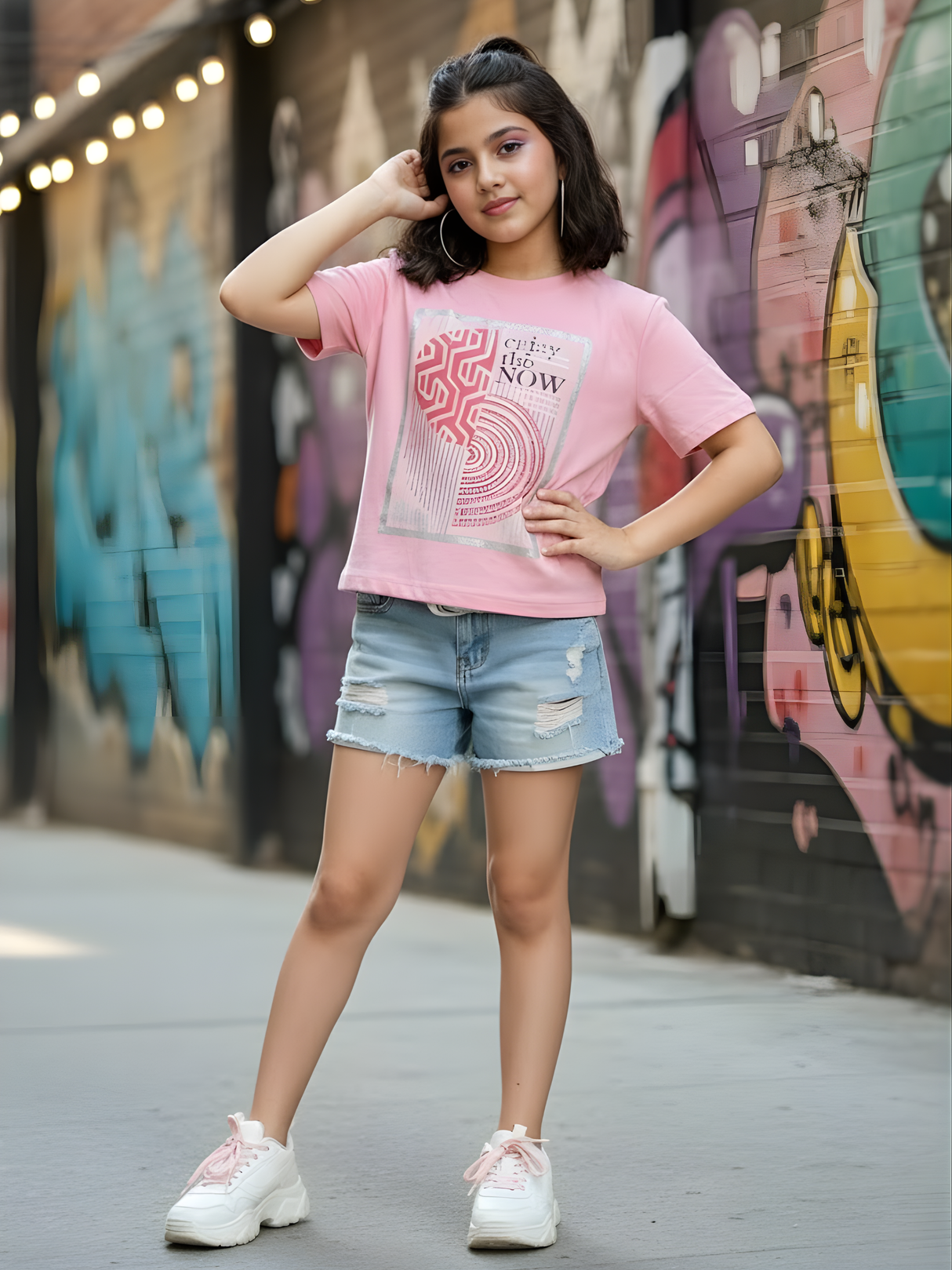 Girls Blush Pink "Enjoy The Now" Abstract Graphic Top.