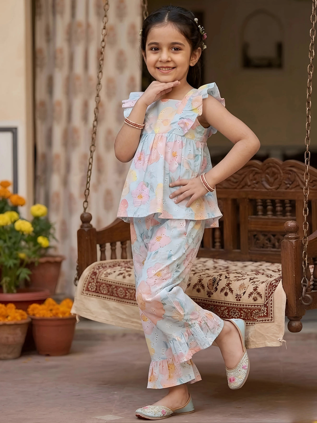 Girls Light Blue Floral Print Ruffle Co-ord Set