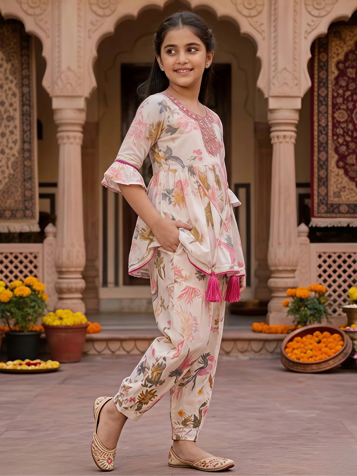 Girls Pink Floral Printed Peplum Kurta with Dhoti Pant Set