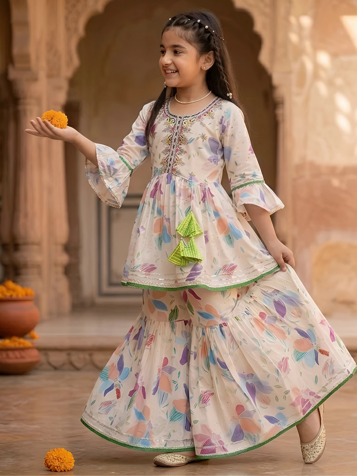 Girls Cream Floral Print Sharara Set - Two Piece Festive Outfit