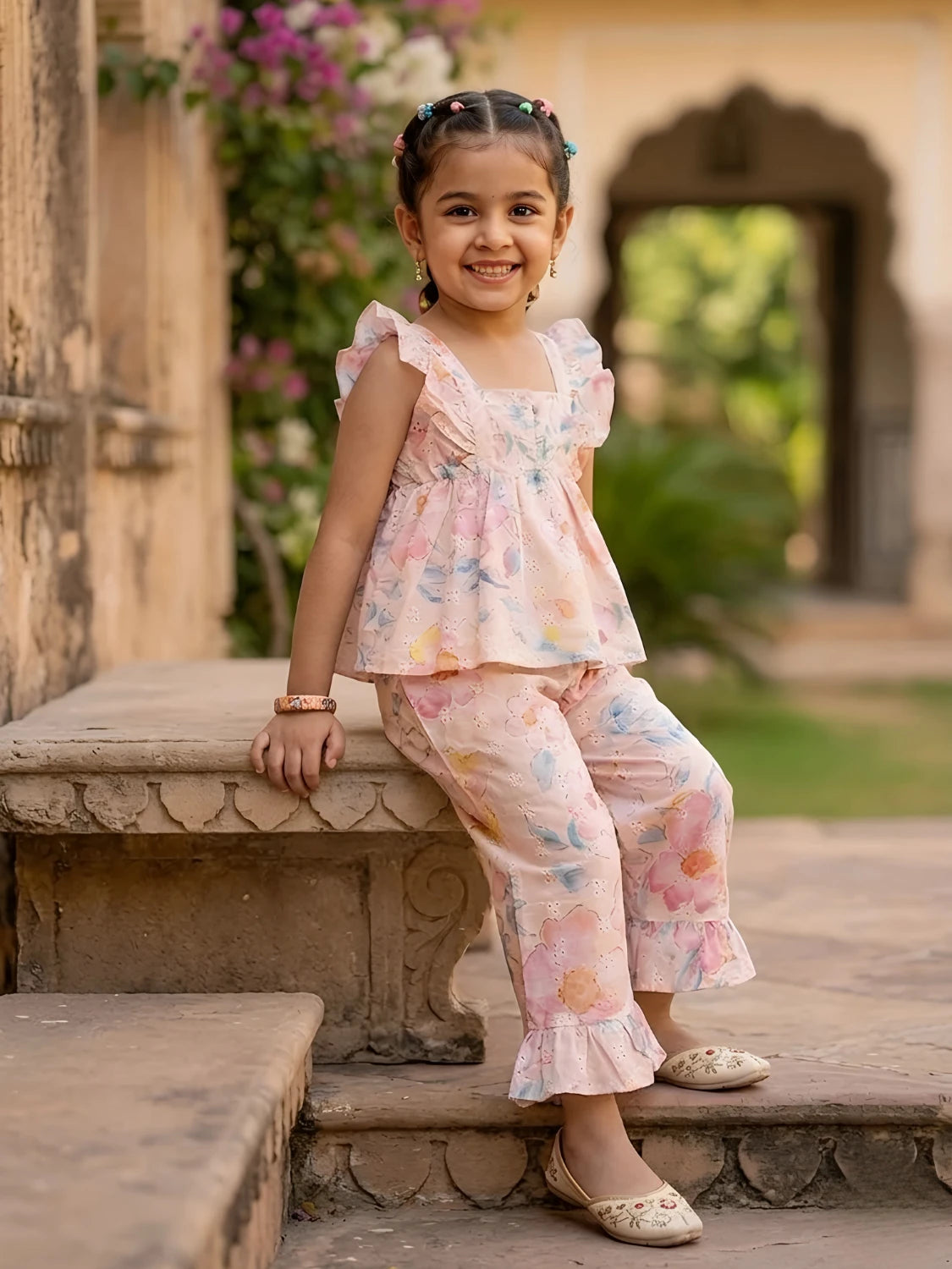 Girls Pink Floral Ruffle Coordinate Set
