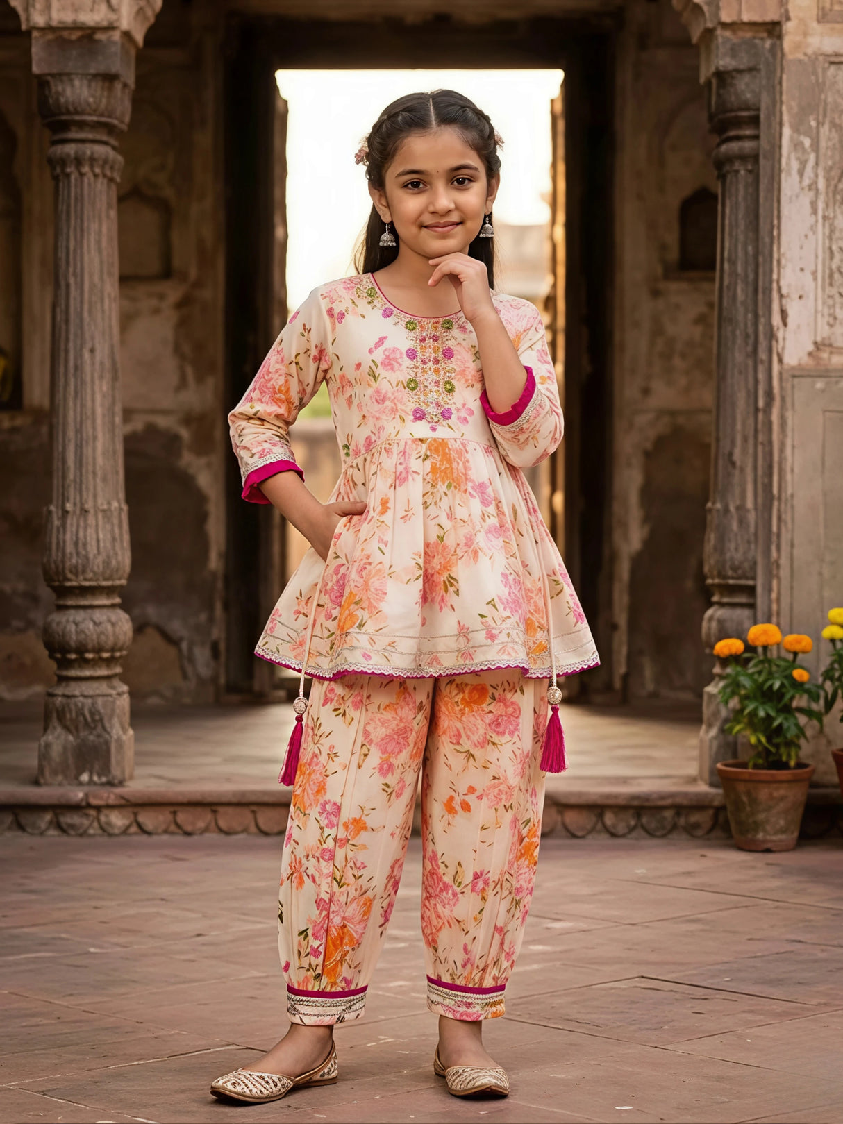 Girls Pink Floral Print Peplum Kurta and Pant Set