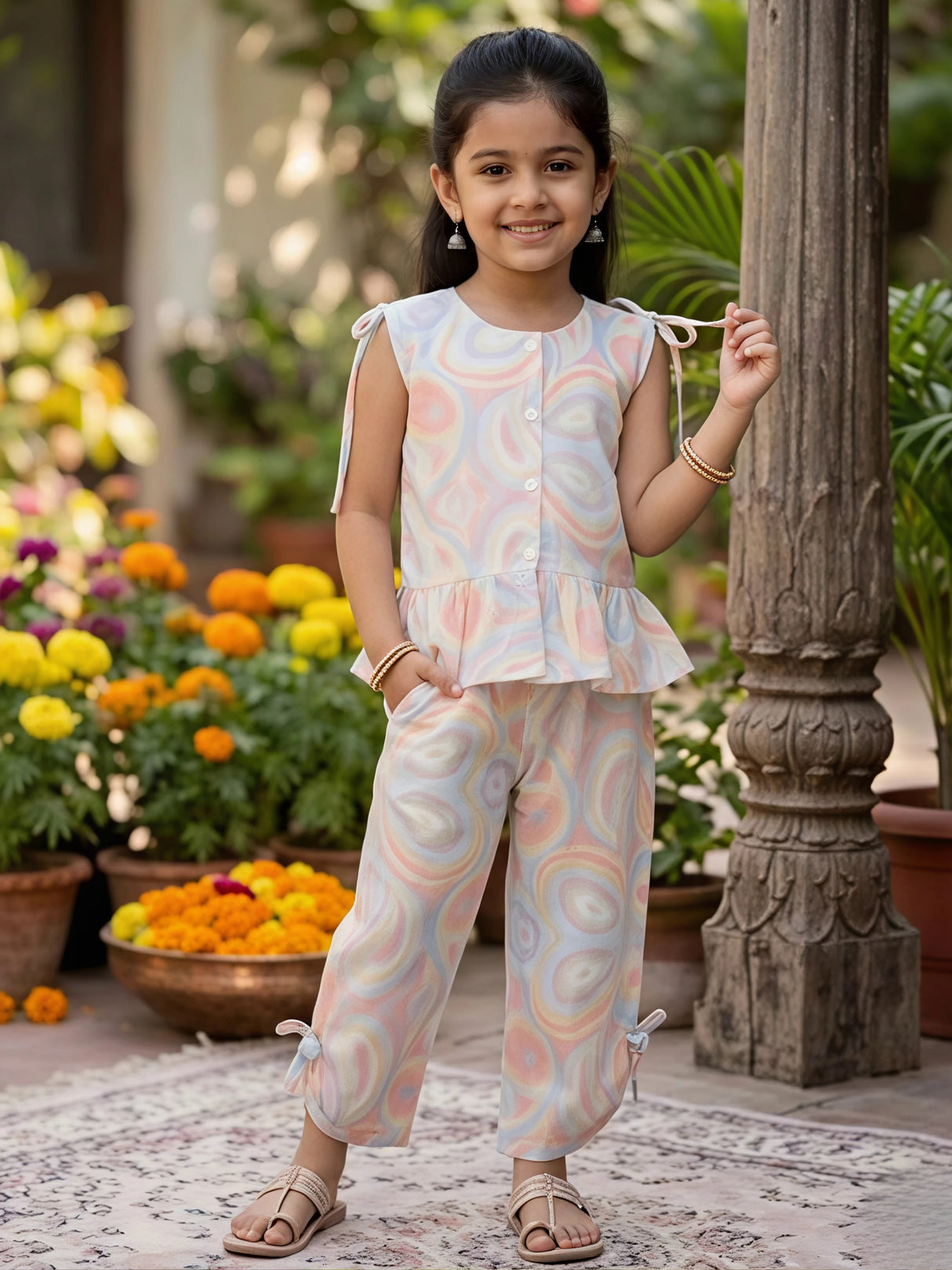 Girls Pink Pastel Swirl Peplum Co-ord Set