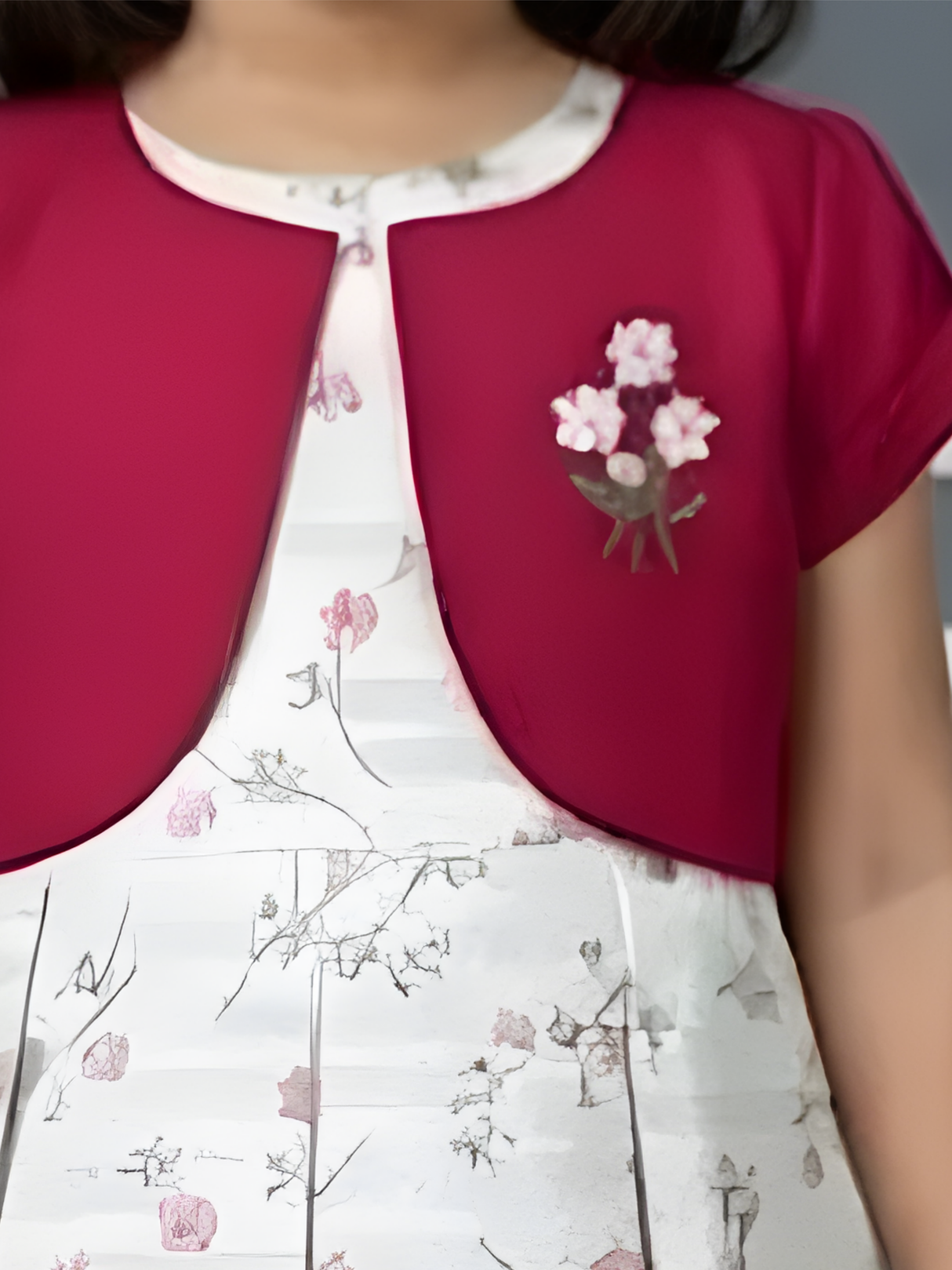 Girls' Pink Floral Print Frock with Magenta Bolero Jacket Set