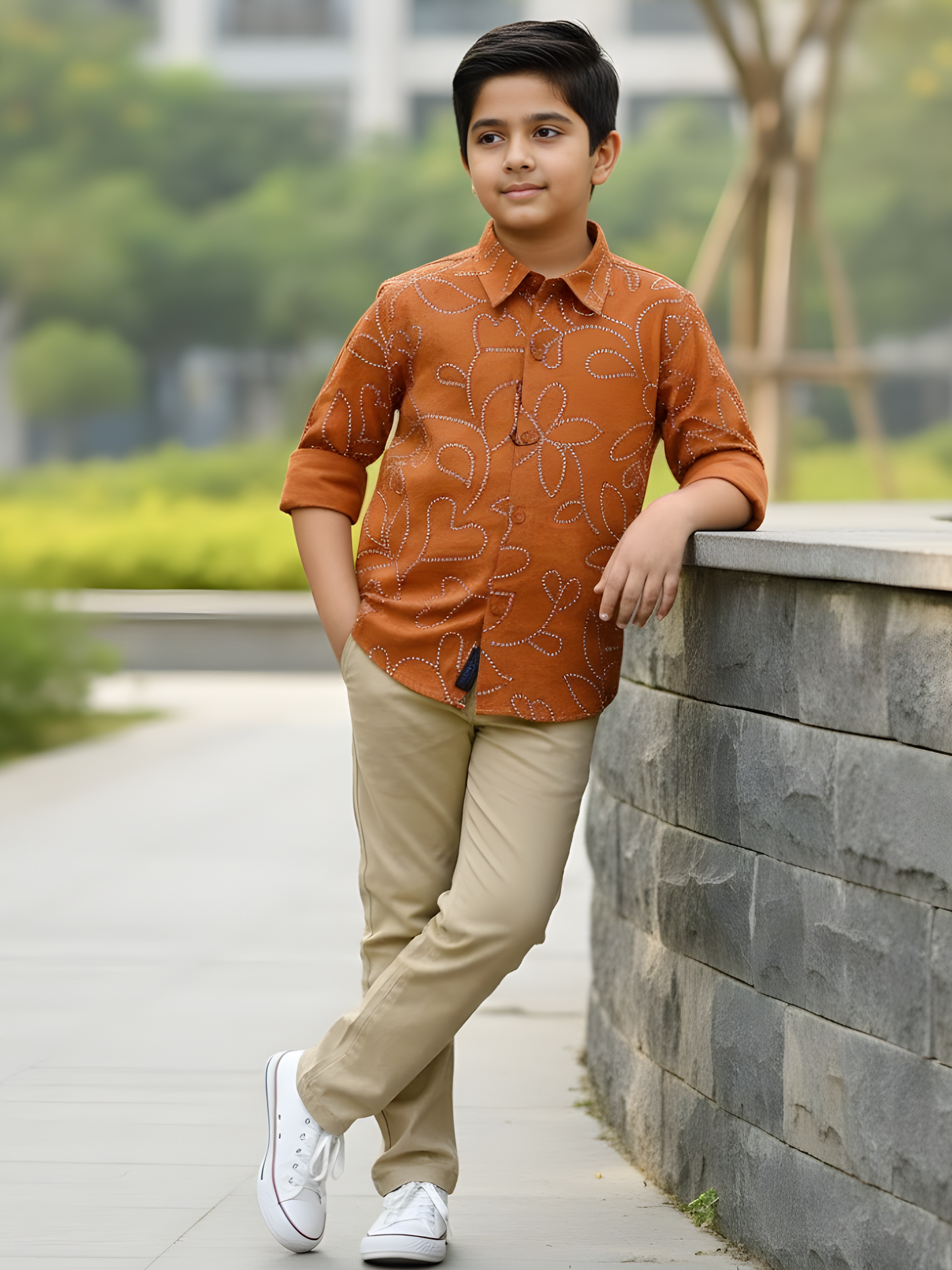 Boys Rust Brown Floral Line-Art Casual Shirt