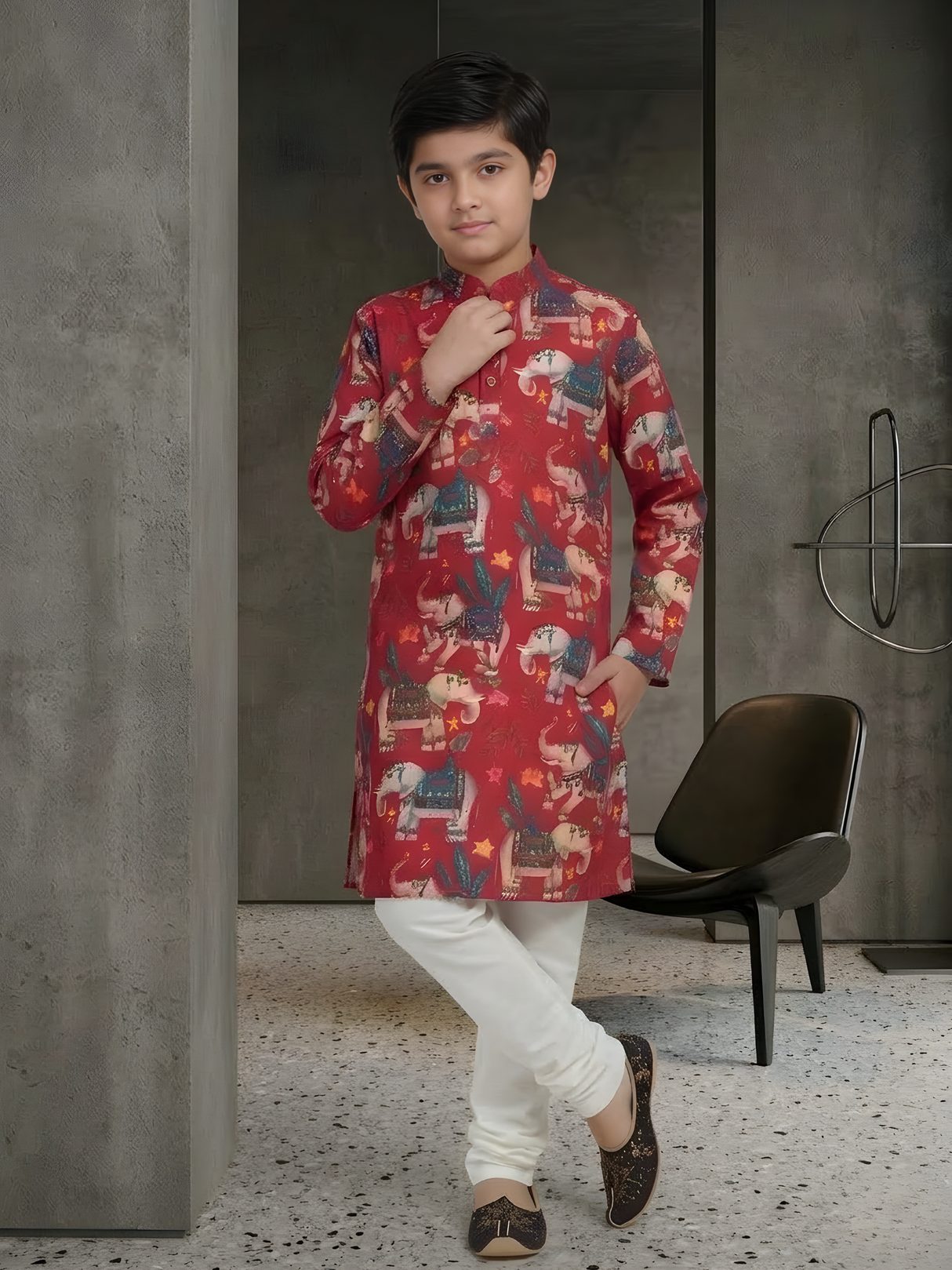 The Festive Parade Elephant Printed Kurta (Rani Pink/Red).