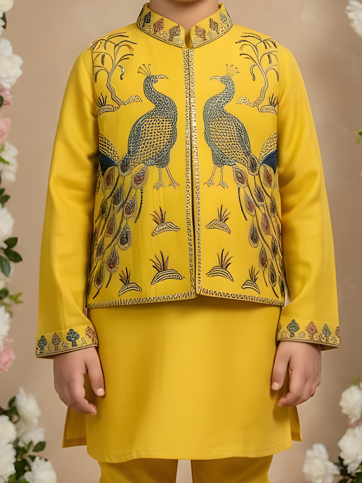 Kids Yellow Kurta Set with Embroidered Peacock Jacket – Festive Ethnic Wear