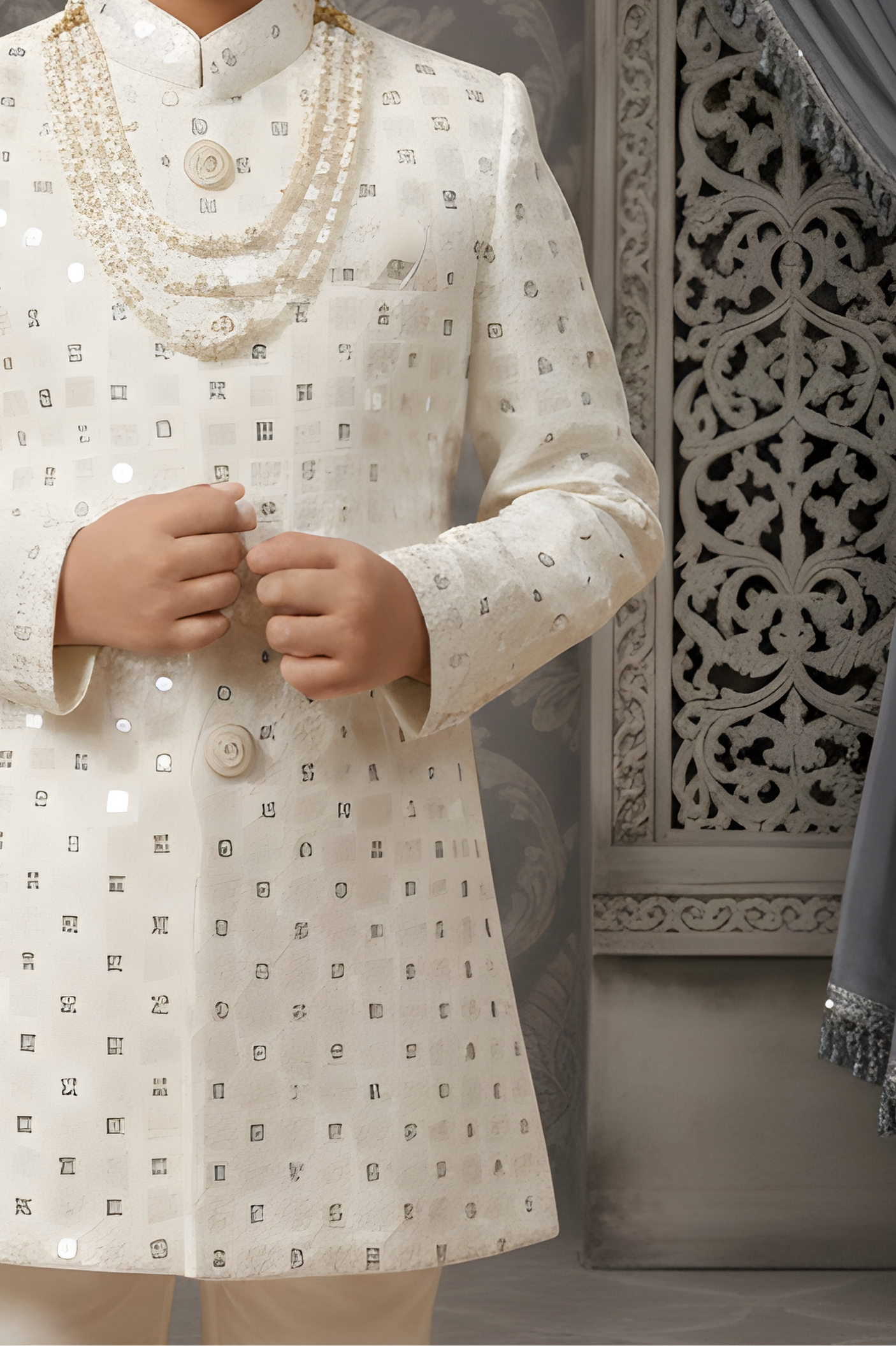 Boys' Ivory Cream Heavily Embellished Sherwani with Pearl Accessory