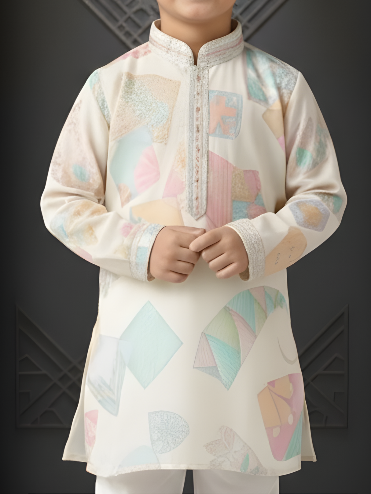 Boys Cream Kurta Set with Pastel Geometric Prints & Embroidered Neckline