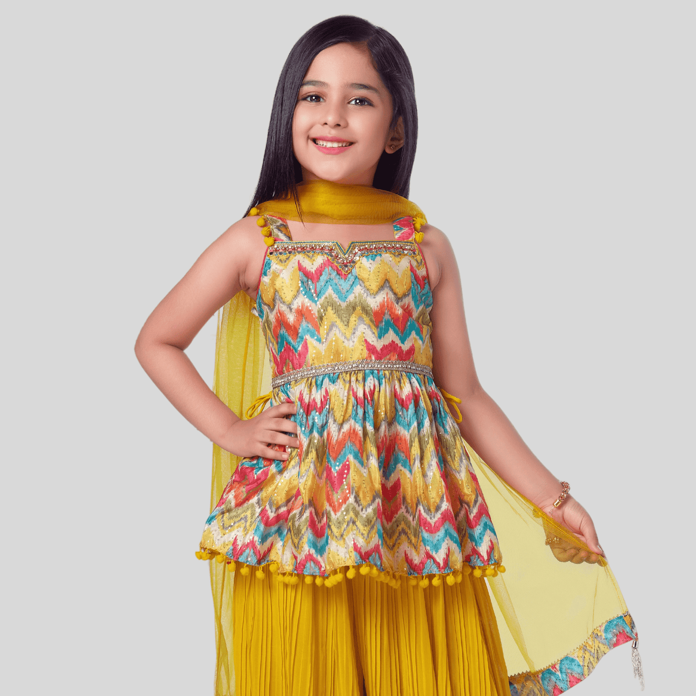 Girls Traditional Sleeves Less Afghani Set - Yellow.