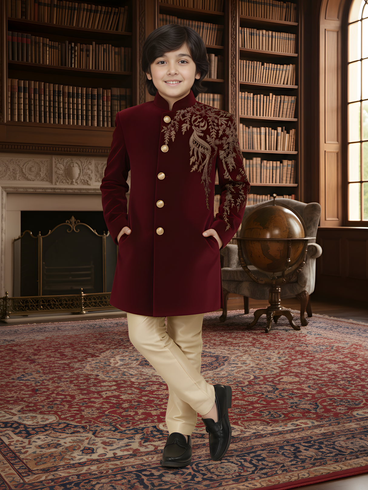 Boys' Maroon Velvet Indo-Western Sherwani with Gold Embroidery and Silk Trousers
