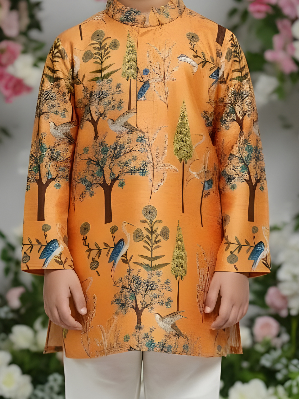 Boys' Bright Yellow Angrakha Kurta and White Pajama Set with Peacock Print
