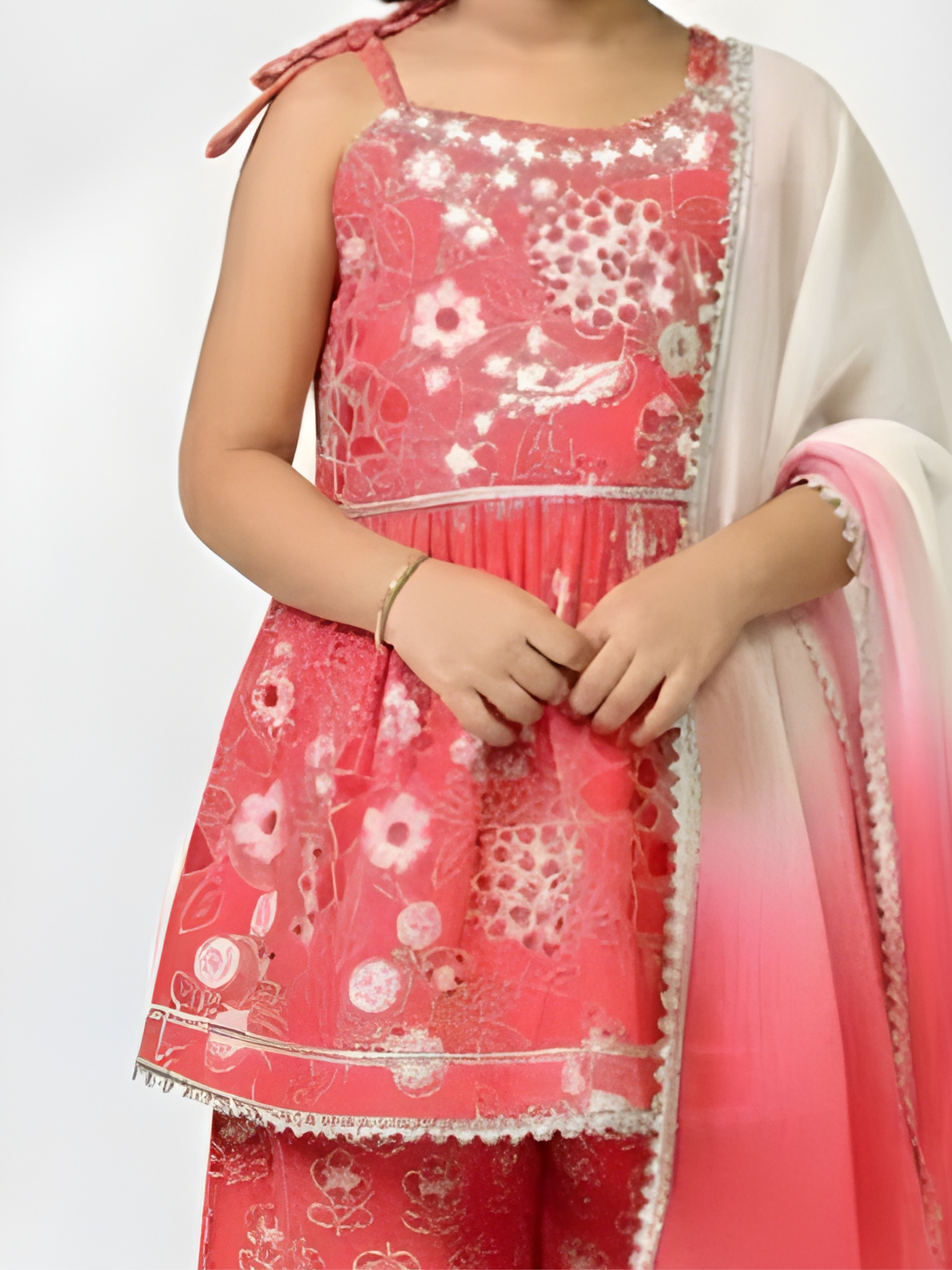 Girls' Hot Pink Sleeveless Peplum Kurti and Floral Sharara Set with Dupatta