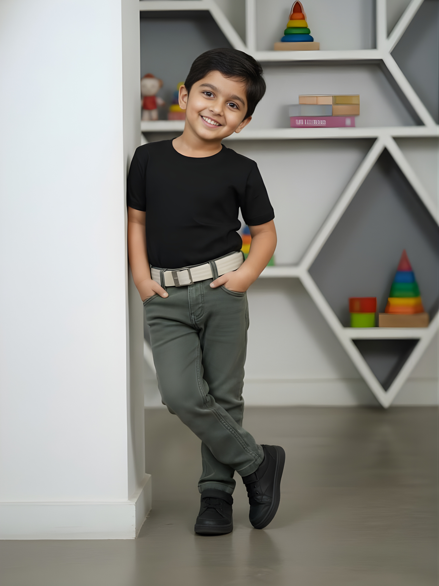 Boys' Stylish Olive Green Jeans with Complimentary Belt