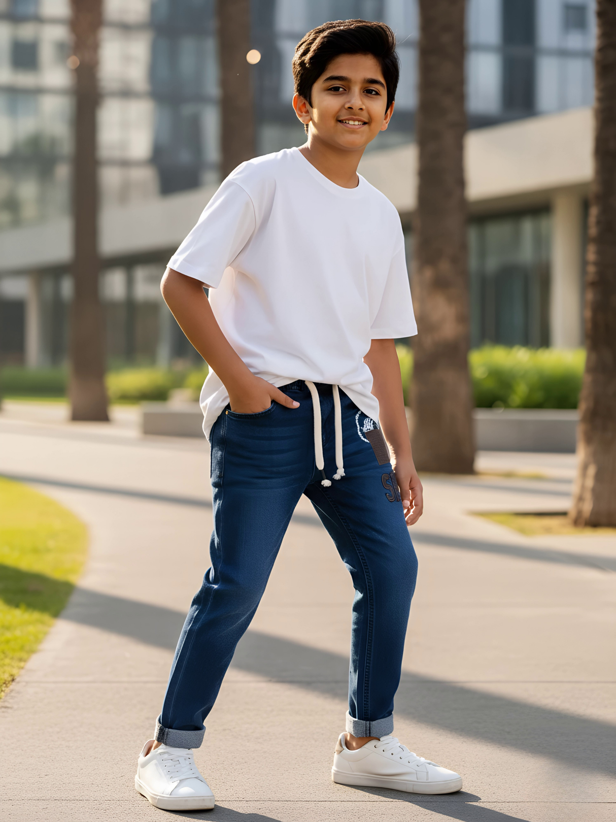 Boys' Dark Wash Denim Patchwork Jeans with Drawstring Waist