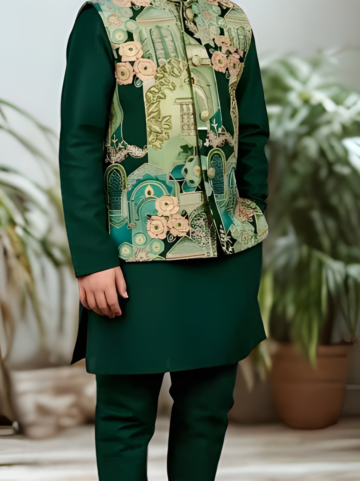 The Royal Emerald Printed Waistcoat Kurta Set (Forest Green).