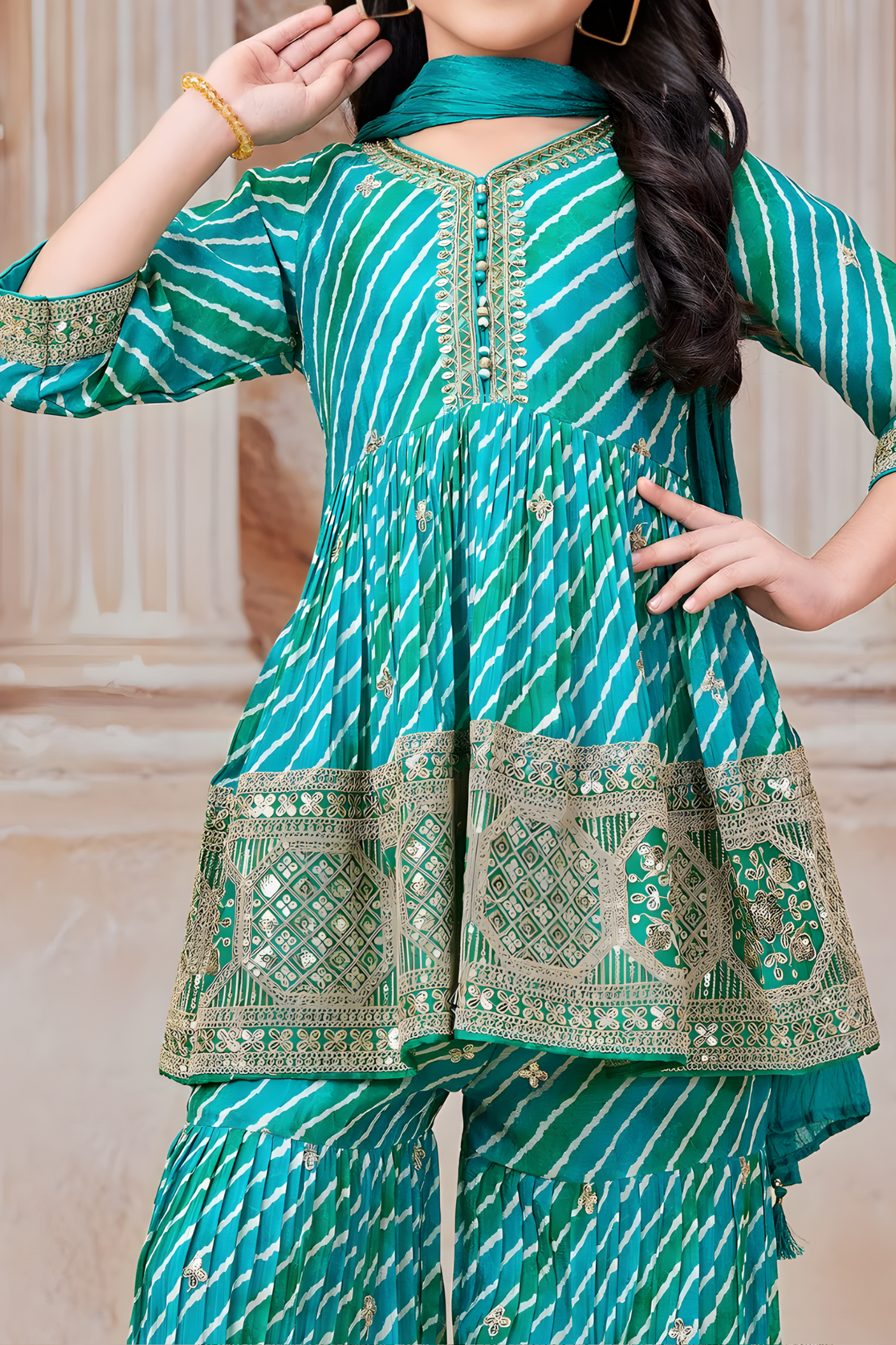 Girls' Teal Green Leheriya Print Embroidered Sharara Set