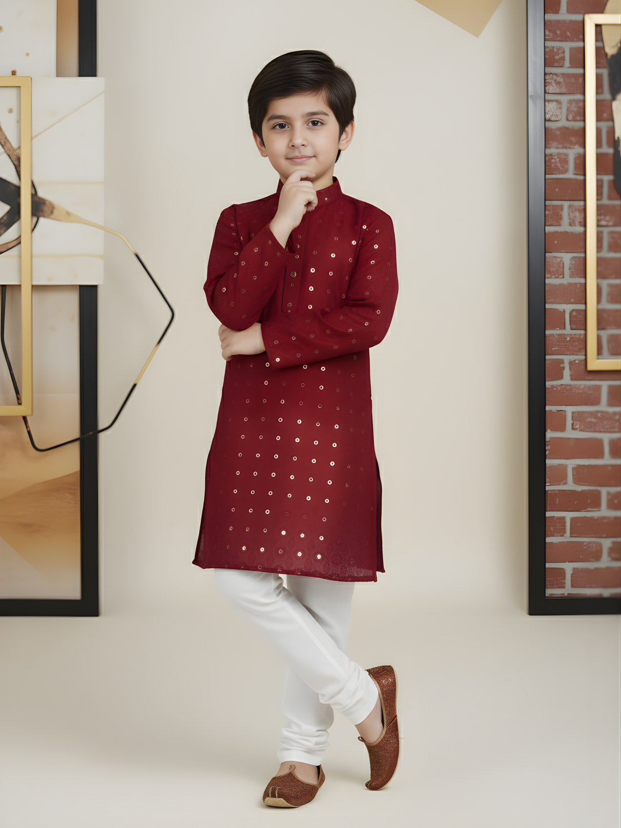 Boys' Maroon Sequin Embroidered Kurta with White Pyjama Set.