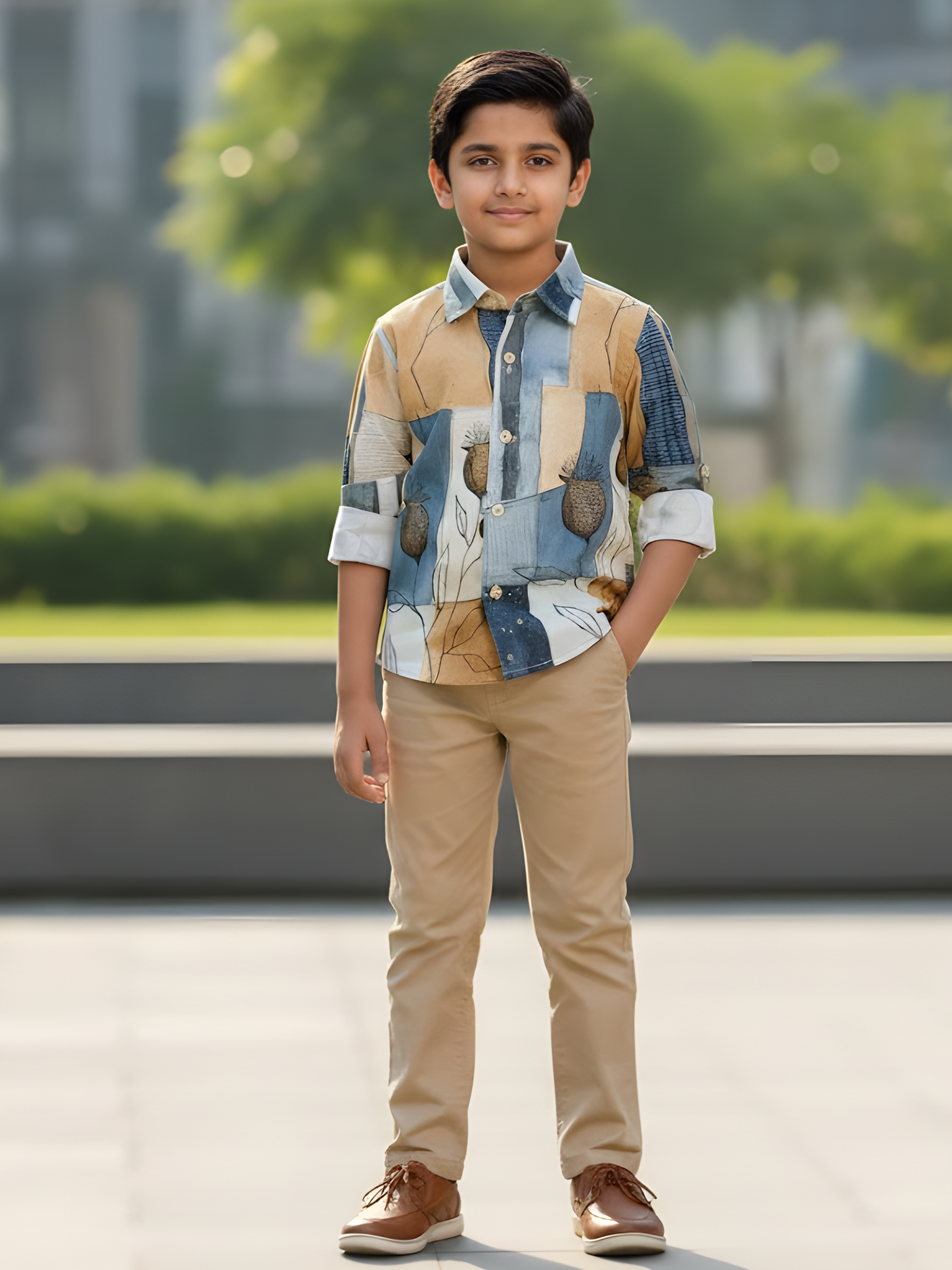 Boys Cream & Earth Tone Abstract Motif Casual Shirt